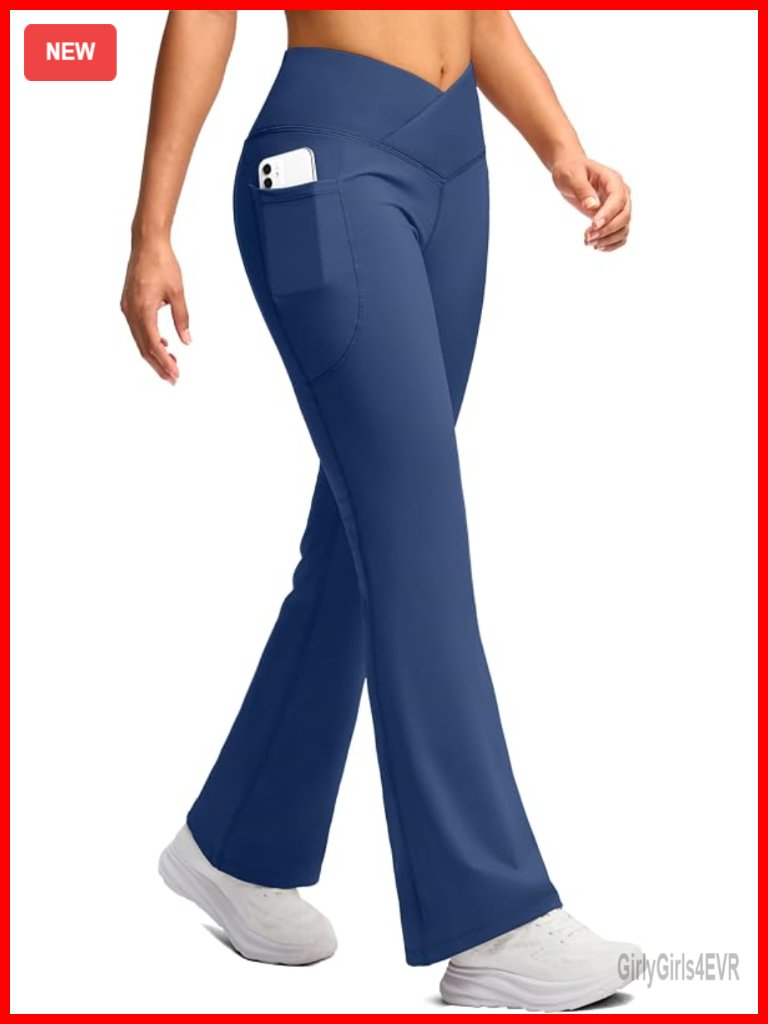 Fleece Lined Crossover Yoga Pants With Pockets Thermal Warm Flare Leggings